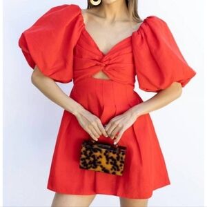 NEW ASTR Red Dress Serilda Mini Dress Puff Sleeves V Neck XS